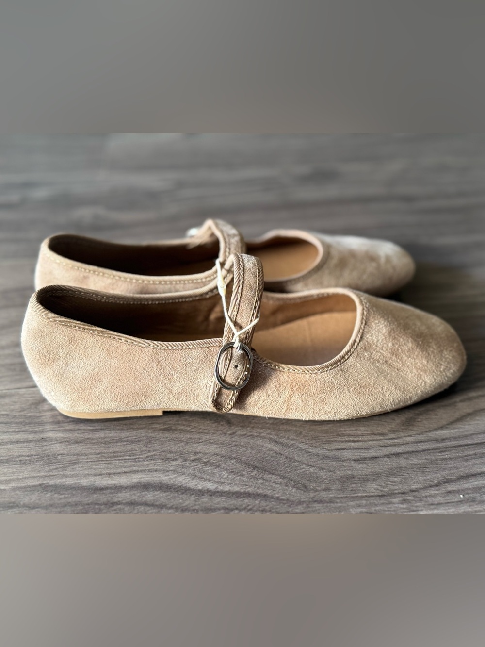 Zara Beige Suede Mary Jane Flats with Buckle Strap